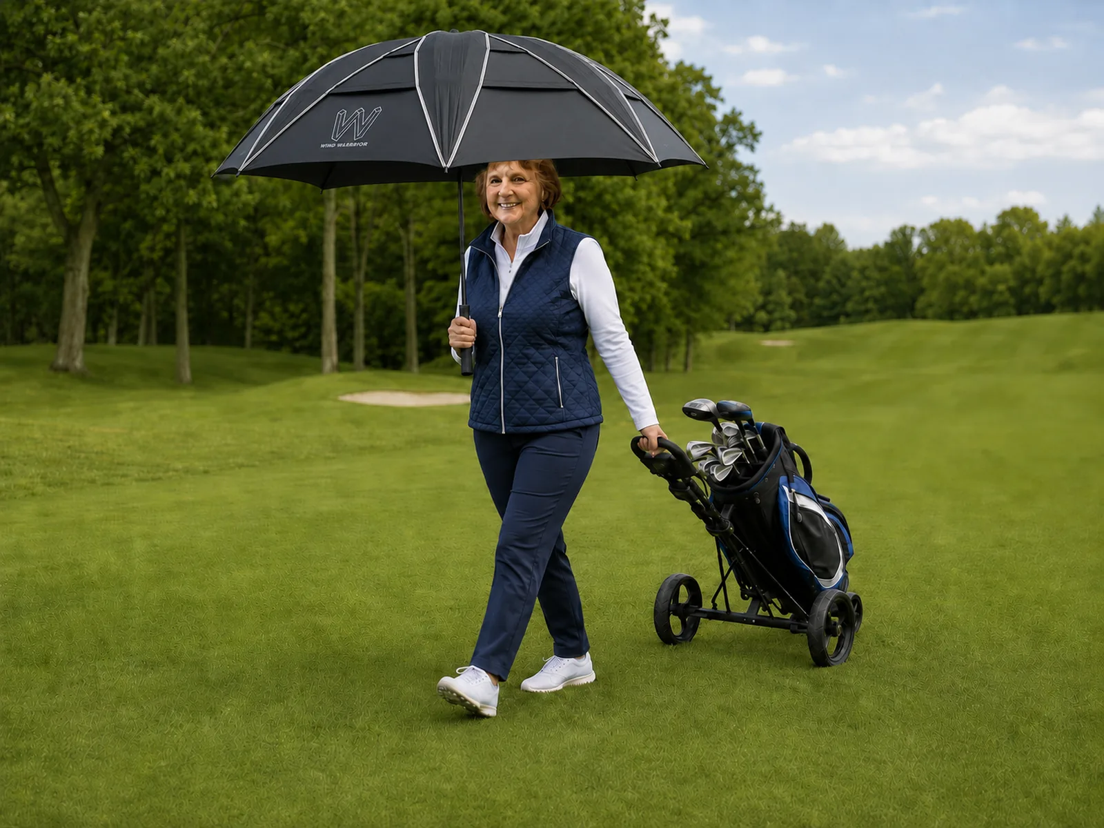 Golfer using a Wind Warrior umbrella on a home golf course